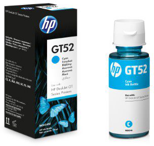 Egy HP GT52 cián tintásüveg és doboz. A dobozon pillangók láthatók.
