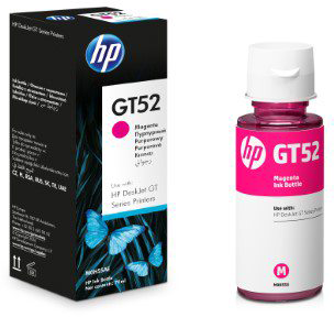 HP GT52 magenta tinta doboz és üveg. Fehér háttér.