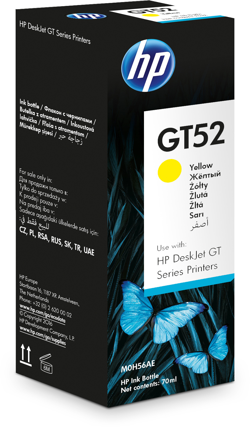 HP tintapalack doboz, sárga tinta, pillangókkal és többnyelvű szöveggel.
