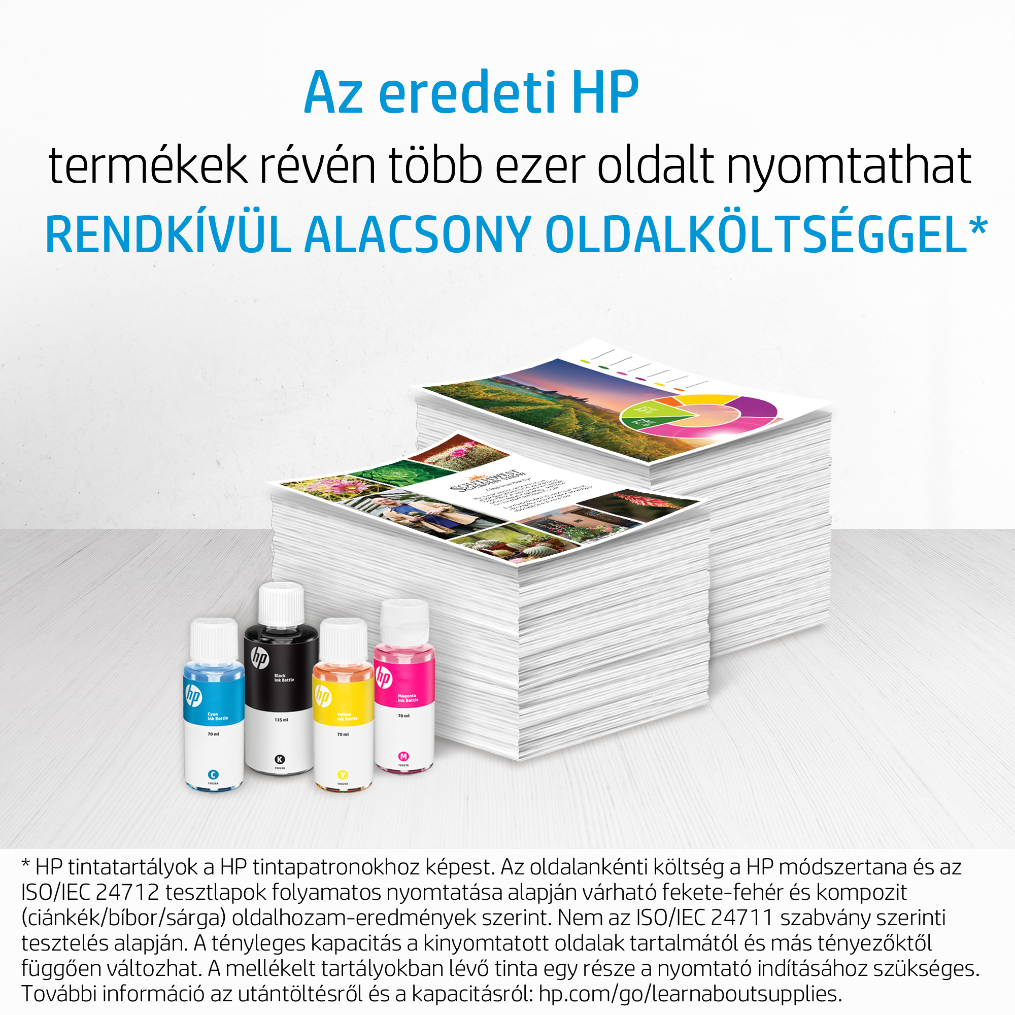 Papírhalmok tintásüvegekkel és magyar nyelvű szöveg HP nyomtatótermékekről.