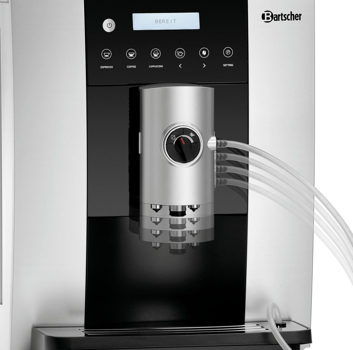 Kaffeemaschine aus Edelstahl mit mehreren Röhren und Knöpfen.