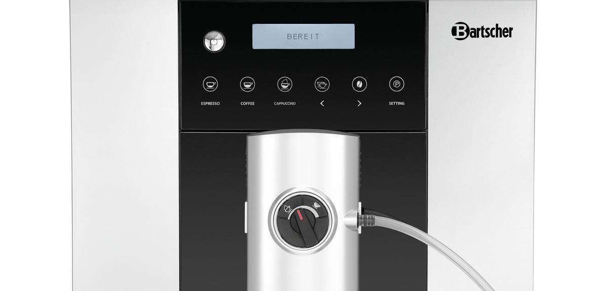 Nahaufnahme einer weiß-schwarzen Kaffeemaschine mit Display.