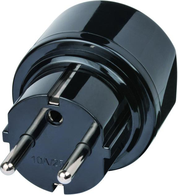 Schwarzer Netzstecker mit zwei Stiften, beschriftet mit 10A/25.