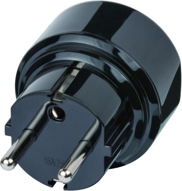 Schwarzer Netzstecker-Adapter mit zwei runden Stiften.