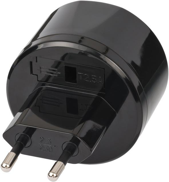 Ein schwarzer Steckeradapter mit zwei Stiften und dem Text 'T2.5A 250V'.