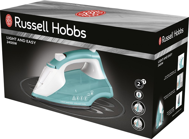 Russell Hobbs vasaló dobozban. Zöld-fehér vasaló fekete alapon, szöveggel és ikonokkal.