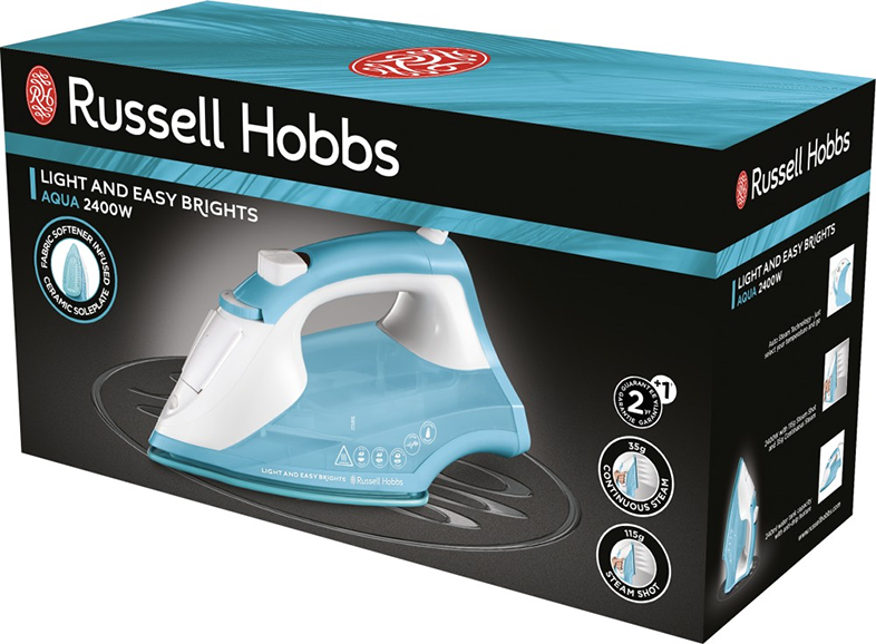 Világoskék és fehér Russell Hobbs vasaló a dobozban szöveggel és grafikával a dobozon, fehér háttér előtt.