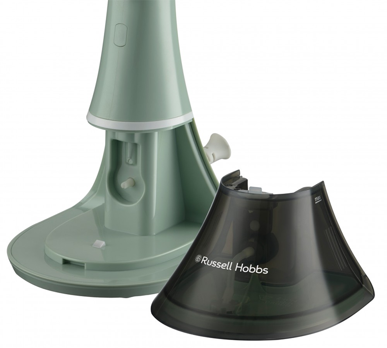 Egy szétszerelt gőzölő alja víztartállyal és Russell Hobbs logóval.
