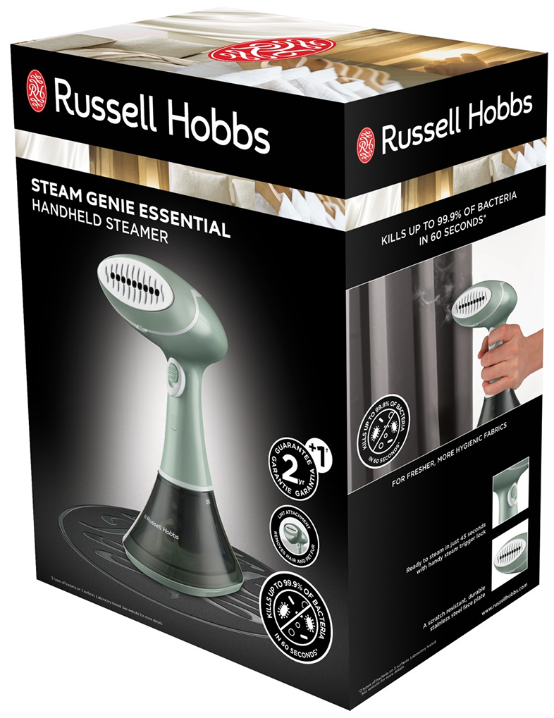 Egy Russell Hobbs kézi gőzölő termékdoboza, amely a gőzölőt és annak jellemzőit mutatja.