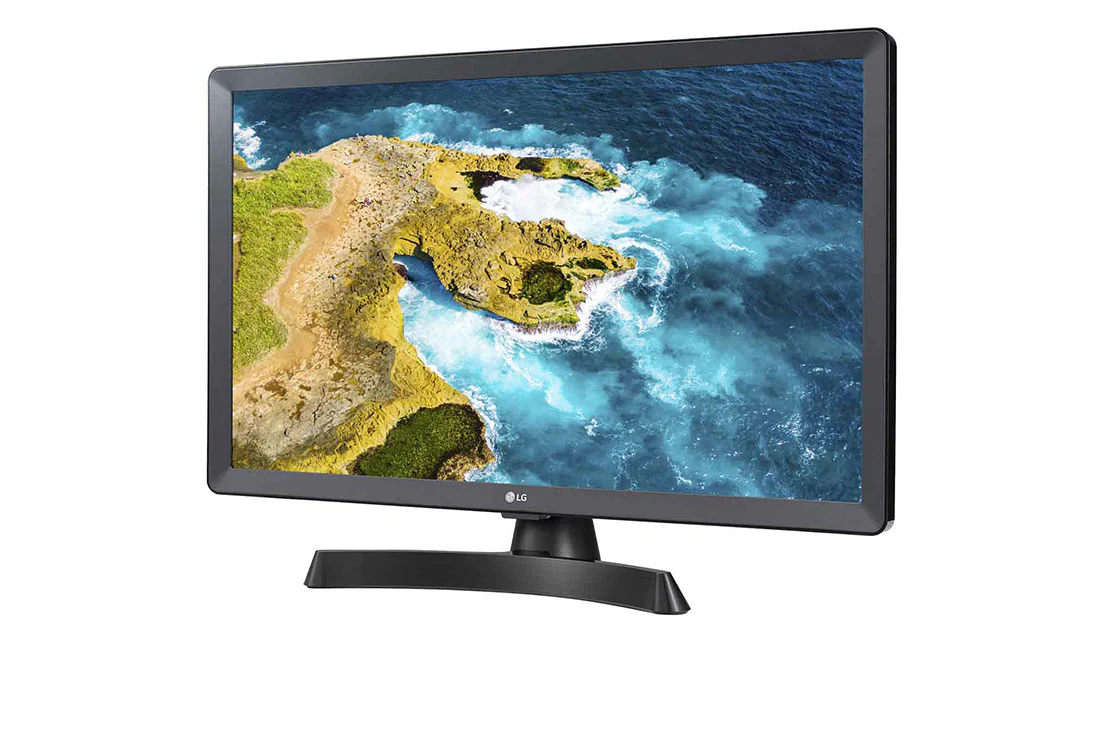 Een LG tv toont een kustlandschap. Het scherm toont kliffen, turquoise water en een blauwe lucht. De tv staat op een zwarte standaard.