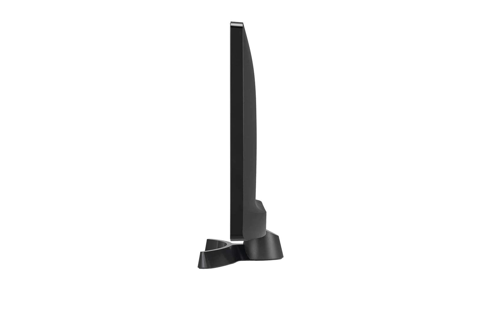 Een zwarte monitor, van de zijkant bekeken, staat op een witte achtergrond. De voet van de monitor is ook zwart.