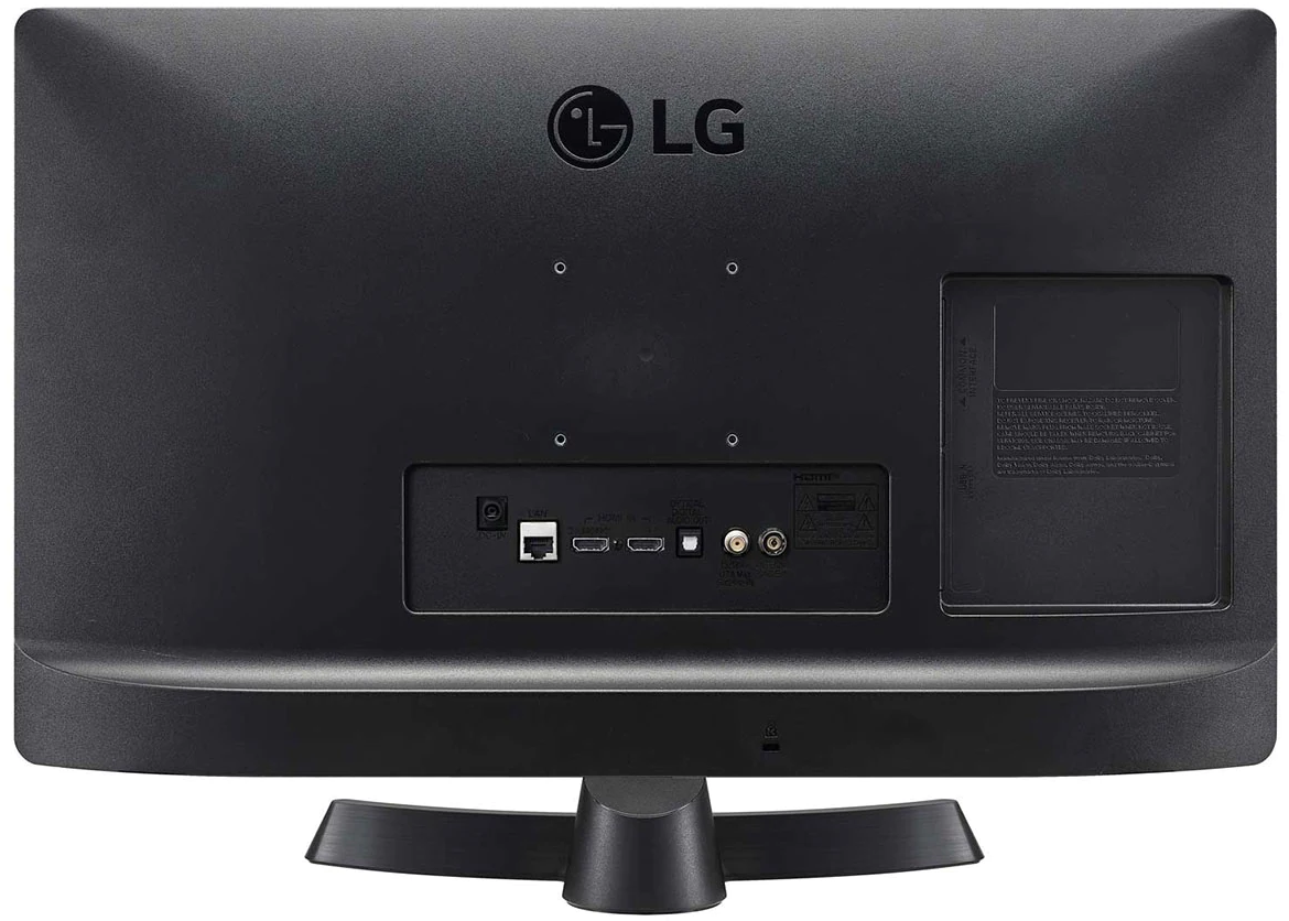 De achterkant van een zwarte LG-tv. Poorten voor verschillende aansluitingen zijn zichtbaar. Het LG-logo staat bovenaan.
