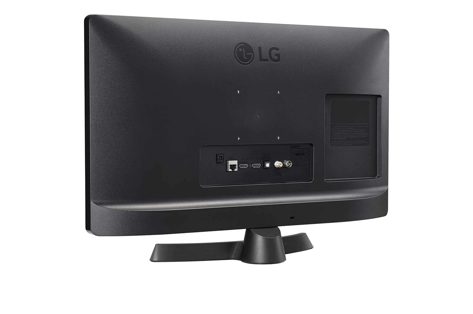 Achterkant van een zwarte LG tv. Poorten en ingangen zijn zichtbaar. De tv staat op een standaard tegen een witte achtergrond.