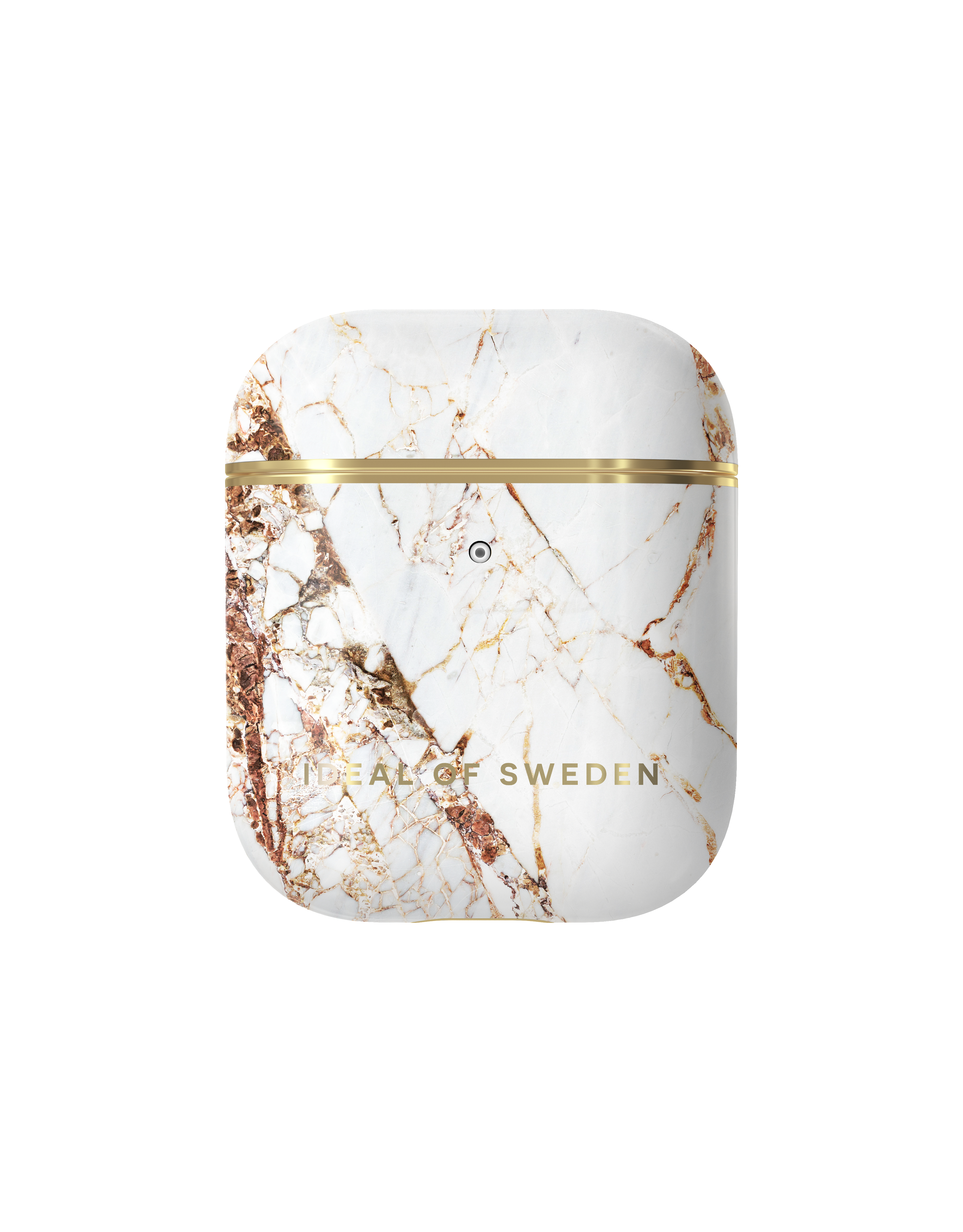 Ein weißes, marmoriertes Etui für AirPods, mit einem goldenen Akzent um das Scharnier.