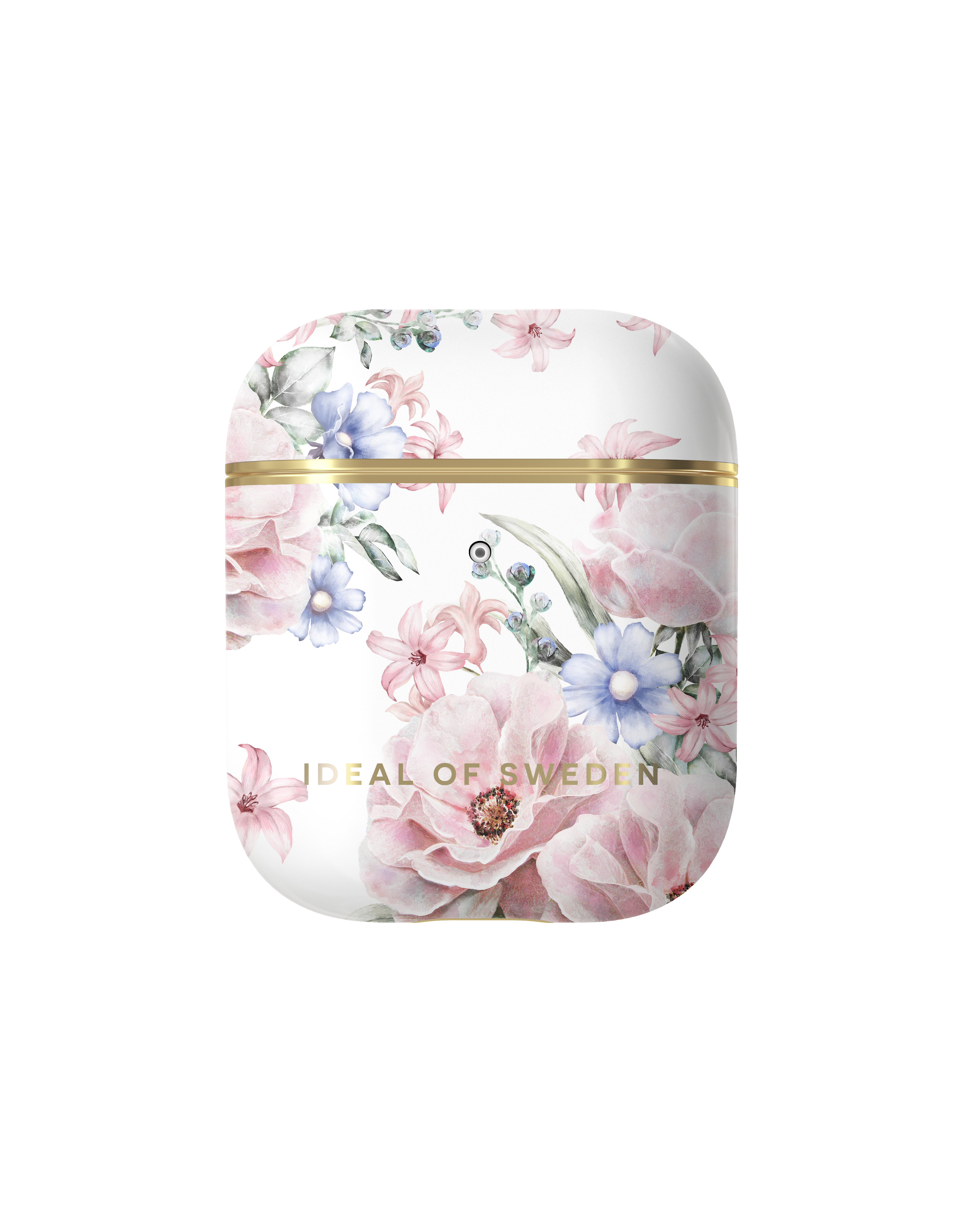 Weißes Ideal of Sweden AirPods-Case mit Blumendesign.