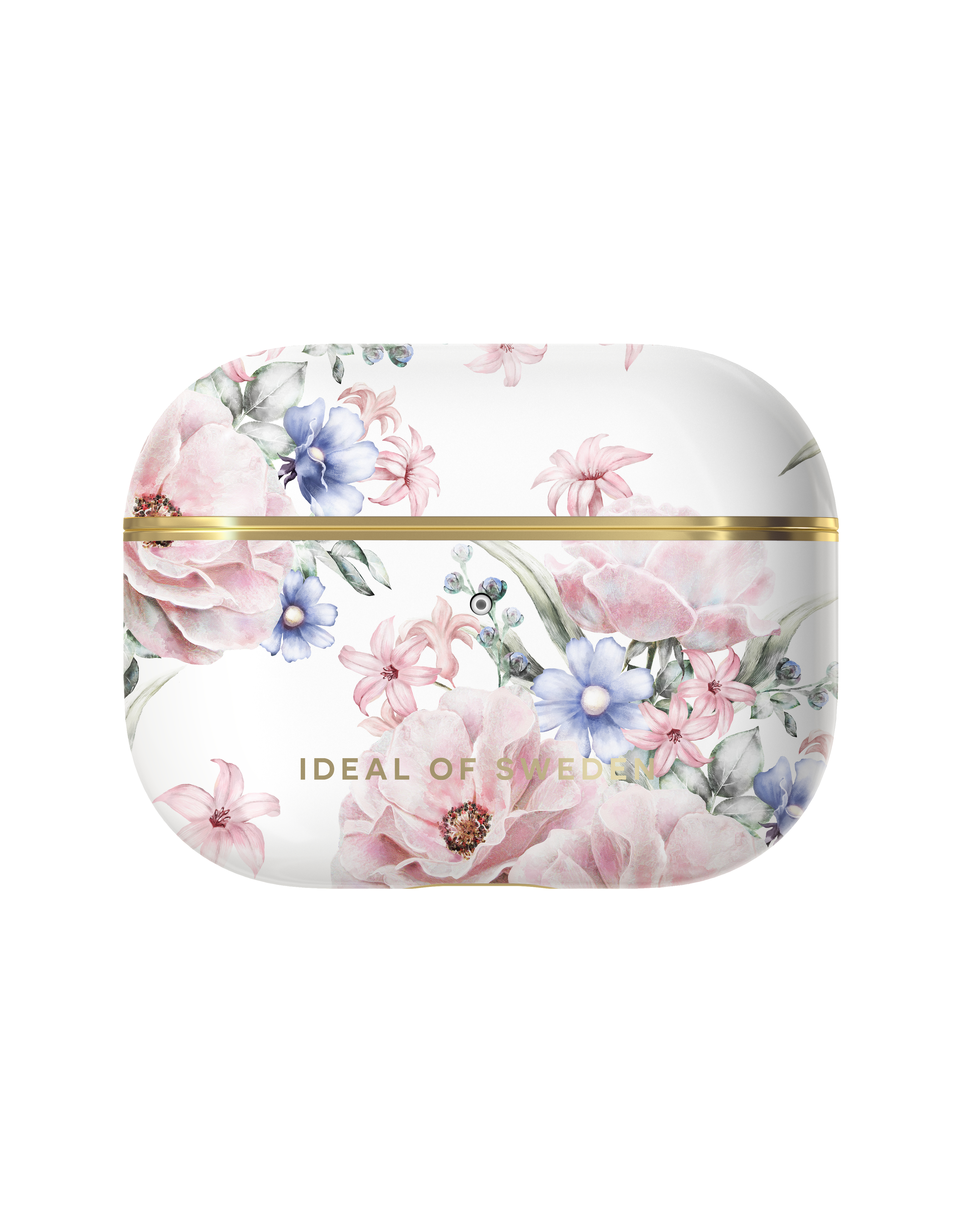 Weißes Gehäuse mit floralem Design und goldenem Rand. Weißer Hintergrund.