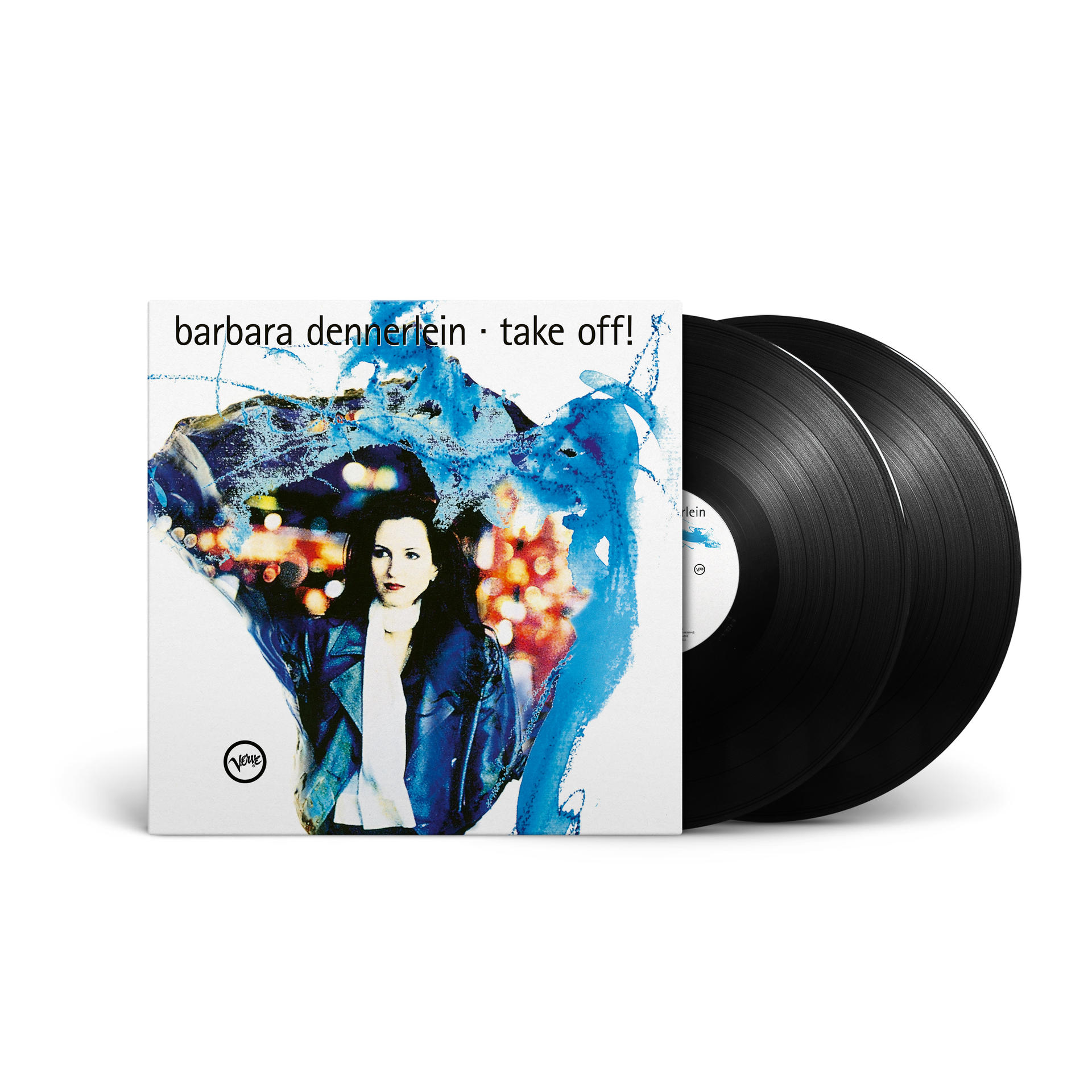 Vinylplatten-Albumcover mit dem Bild einer Frau. Zwei schwarze Vinylplatten liegen daneben.