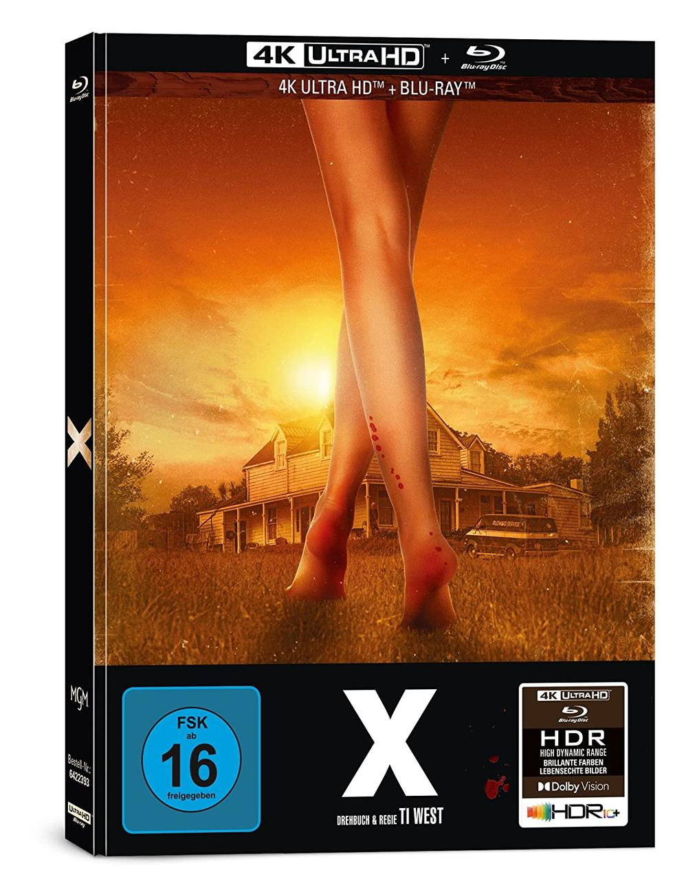 Filmcover: Beine mit Blut, Sonnenuntergang, Haus und Filmtitel 'X', und Blu-ray-Logo.