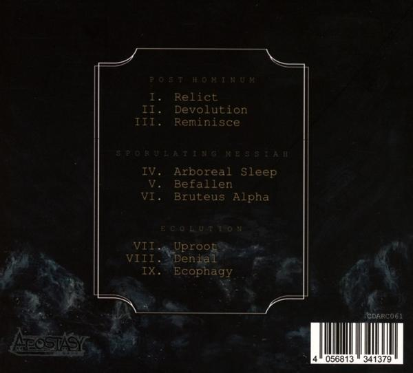 CD-Cover mit Titelliste 'Post Hominum' und 'Ecolution', mit Apostasy-Logo.