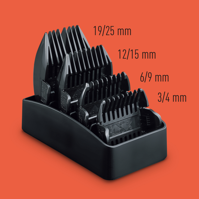 Schwarze Haarschneideaufsätze mit Schnittlängenangaben auf orangefarbenem Hintergrund.