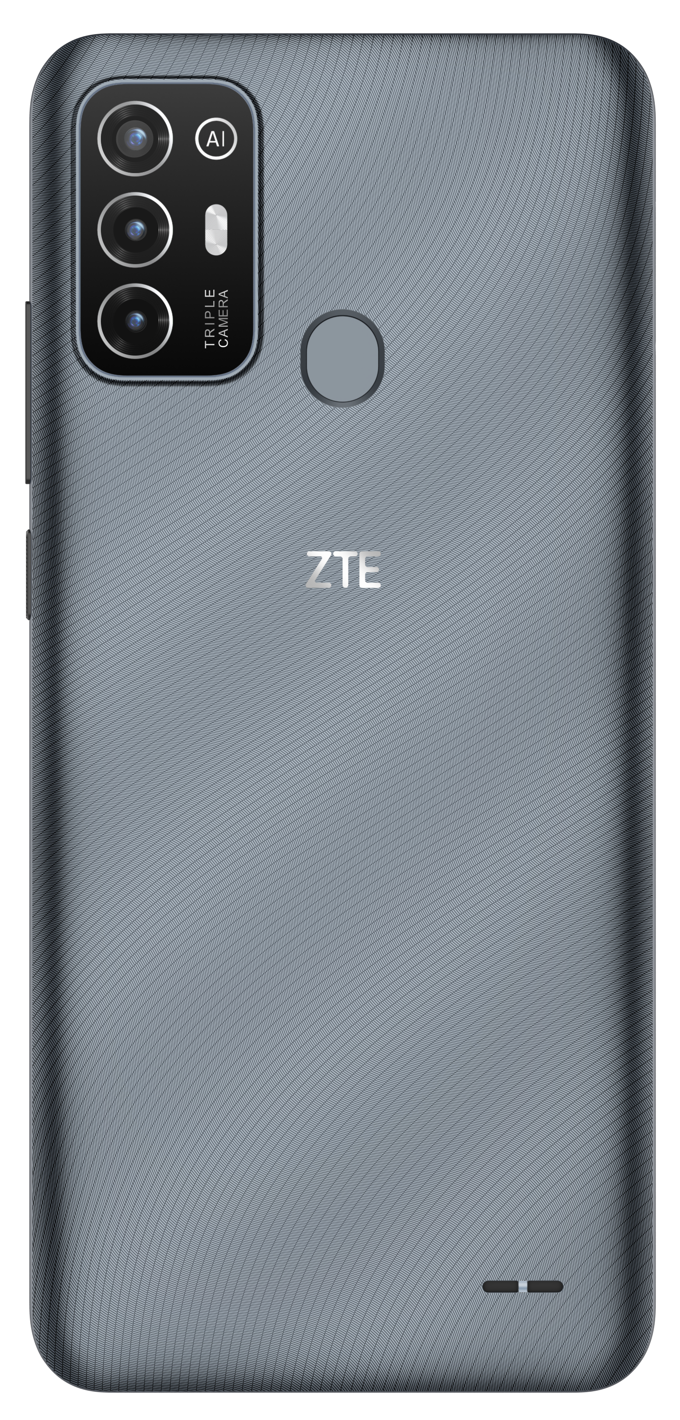 Die Rückseite eines ZTE-Smartphones, grau mit strukturiertem Muster, Dreifach-Kamera und Fingerabdrucksensor.