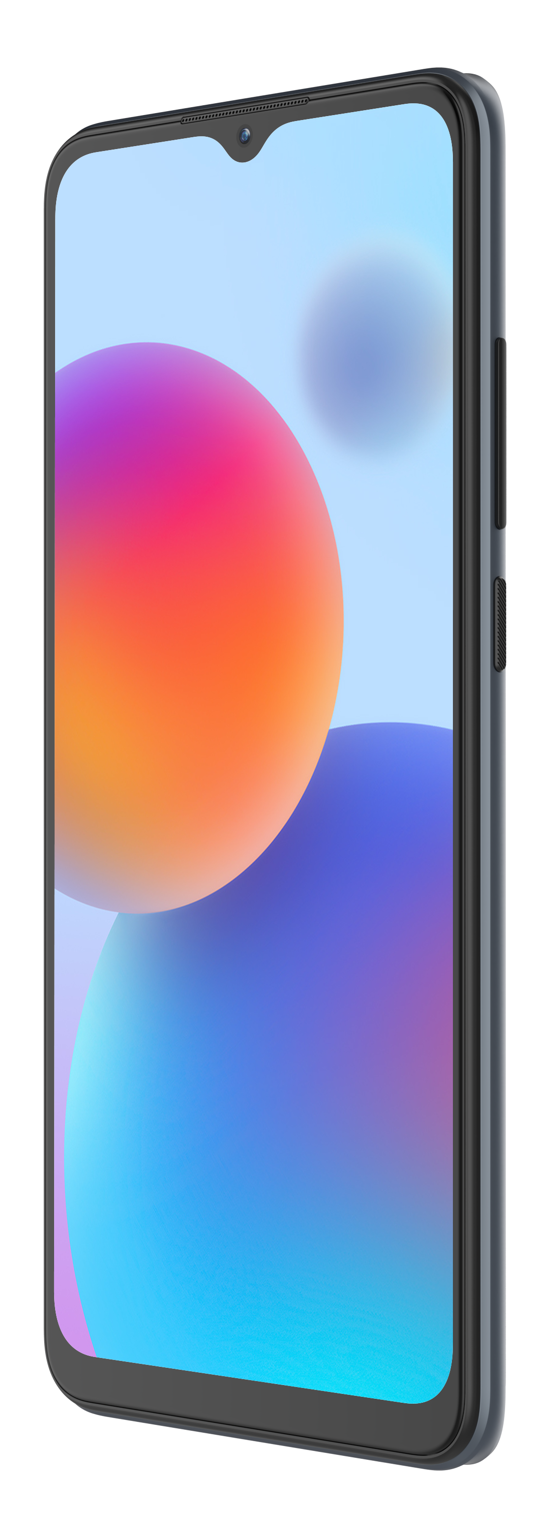 Ein Smartphone im Profil, das einen Bildschirm mit bunten, abstrakten Formen zeigt. Das Telefon ist dunkelblau.
