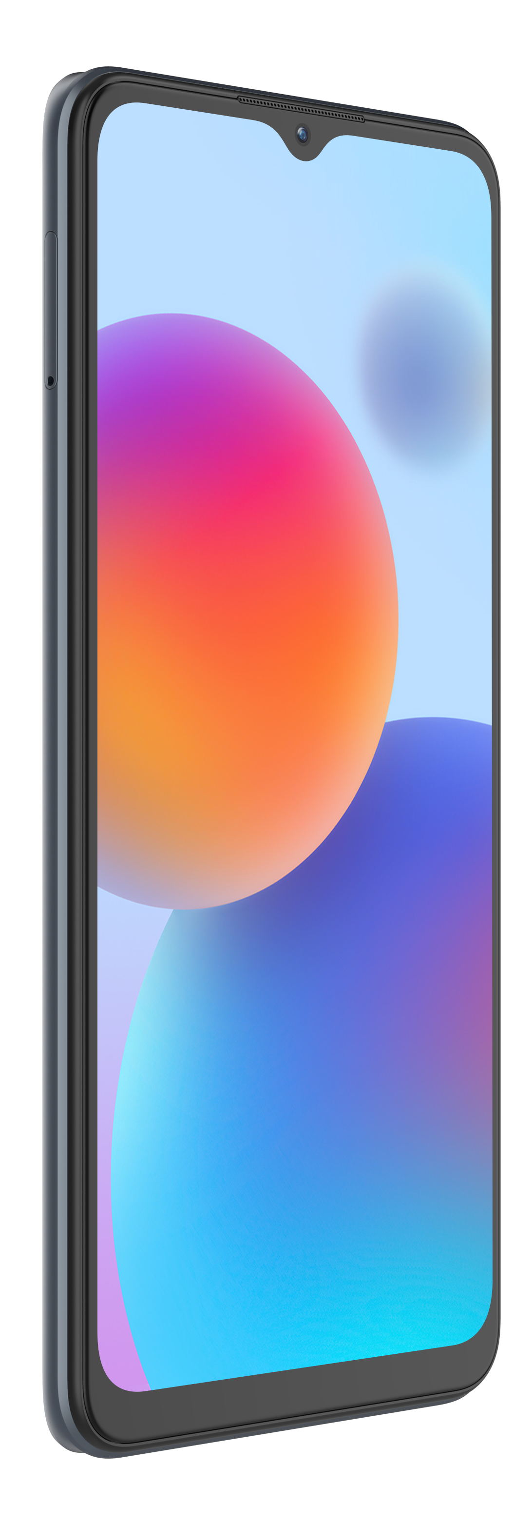 Ein Smartphone, Seitenansicht, mit einem farbenfrohen abstrakten Hintergrund auf dem Bildschirm. Es hat ein modernes Design.