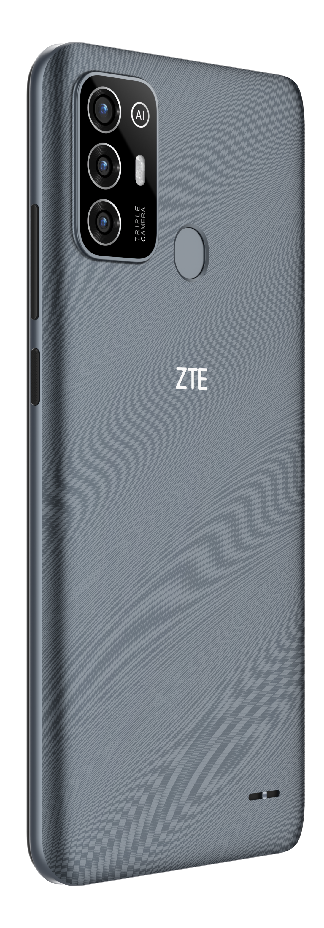 Rückansicht eines grauen ZTE-Smartphones mit Dreifachkameras.