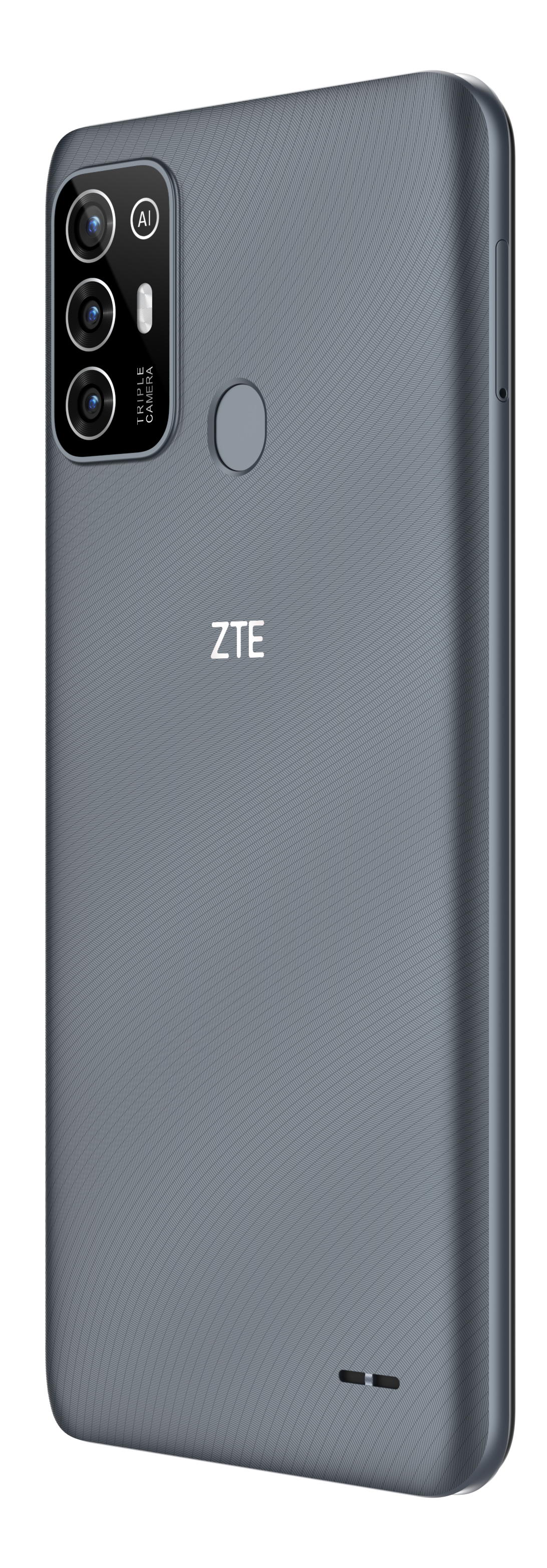 Graues Smartphone, Rückansicht. Dreifach-Kamera, ZTE-Logo, Fingerabdrucksensor und Lautsprecher unten.