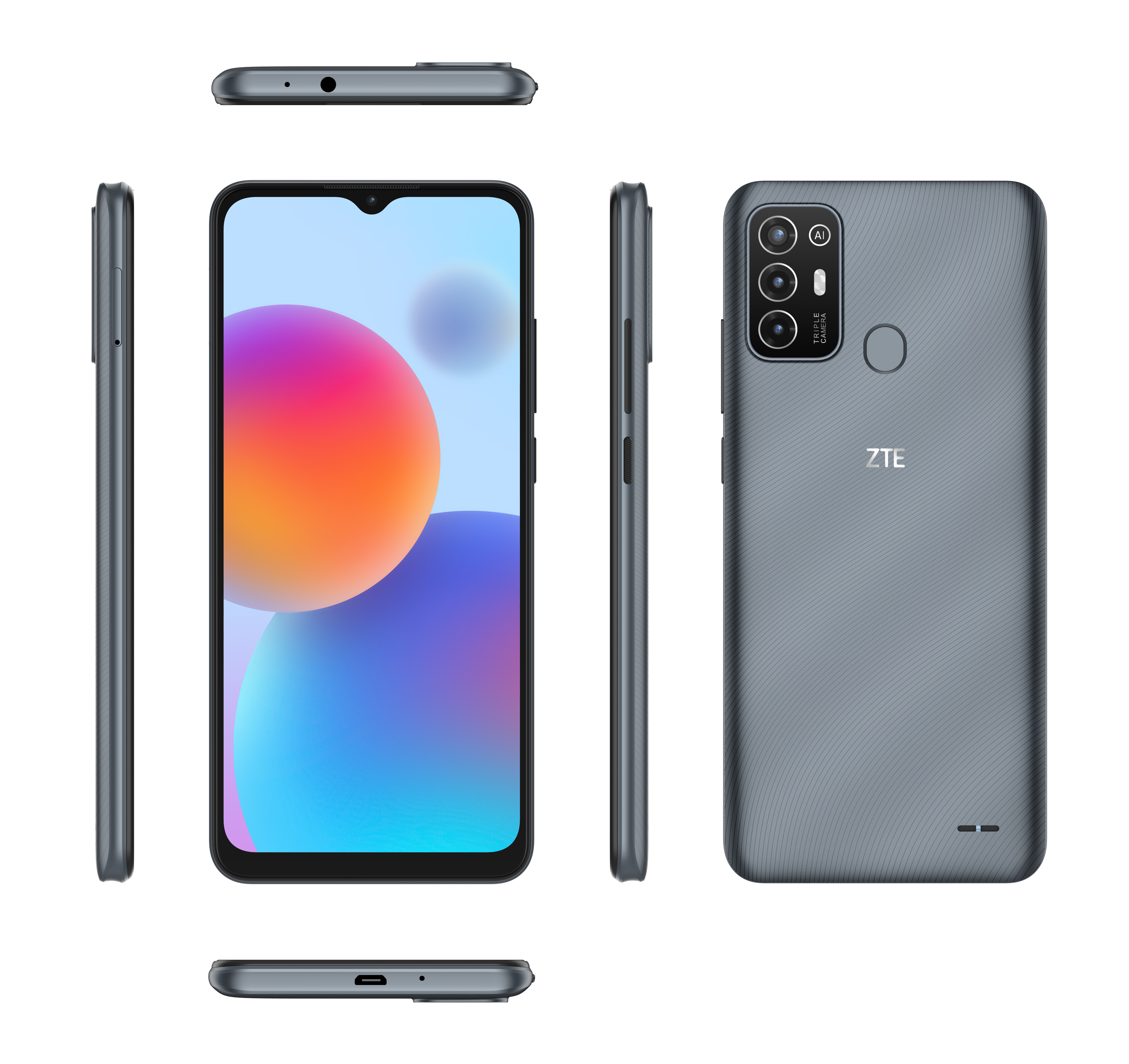 Graues ZTE-Telefon. Frontbildschirm mit farbenfrohem Design. Mehrere Blickwinkel des Telefons.