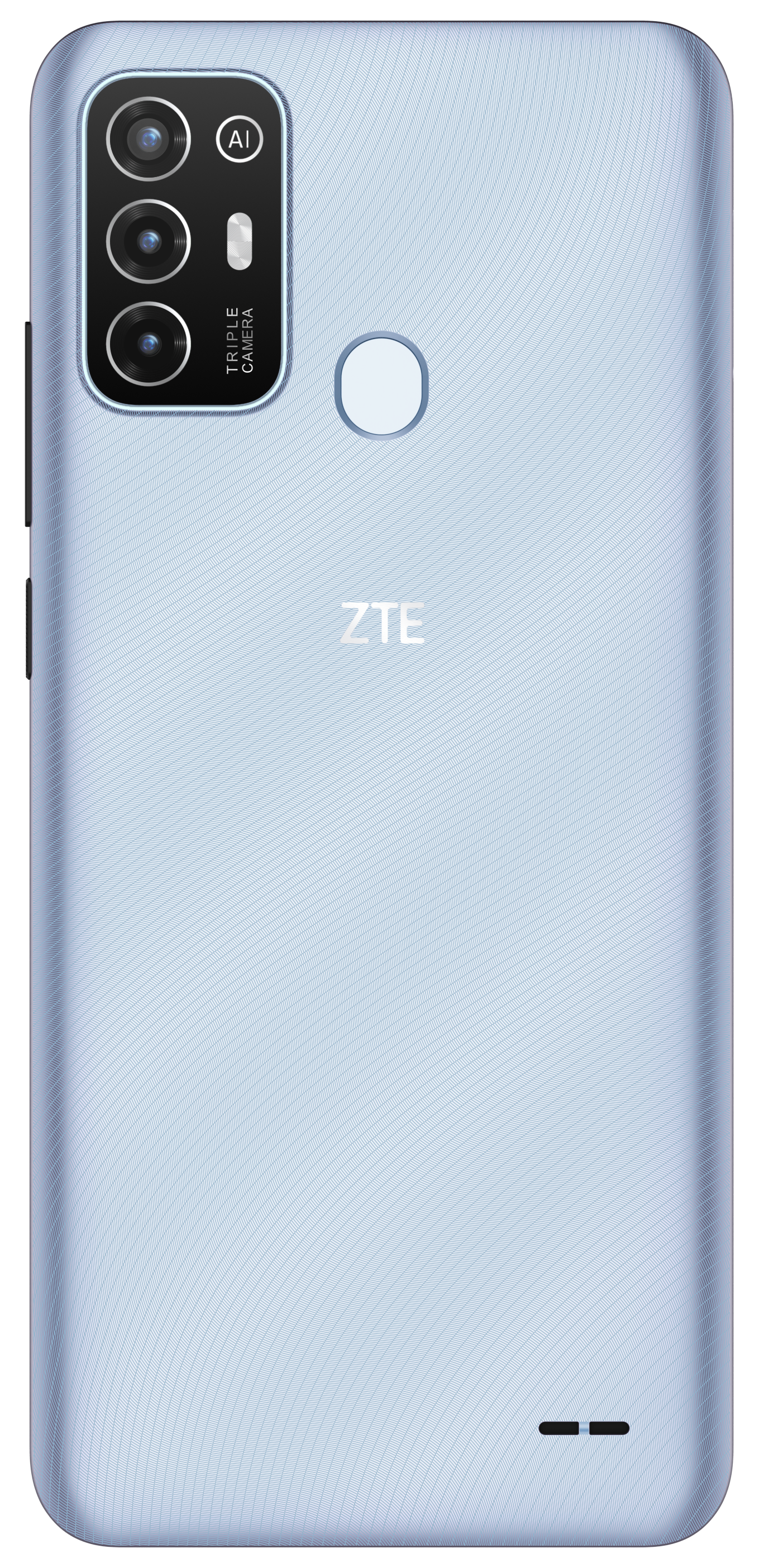 Hellblaues ZTE Smartphone-Rückseite. Dreifachkamera, Blitz und ZTE-Logo sind sichtbar.