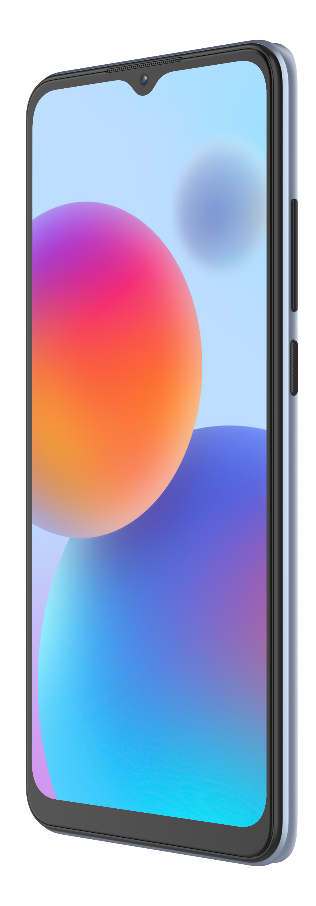 Hellblaues Smartphone im Profil, zeigt ein farbenfrohes abstraktes Bild auf dem Bildschirm.