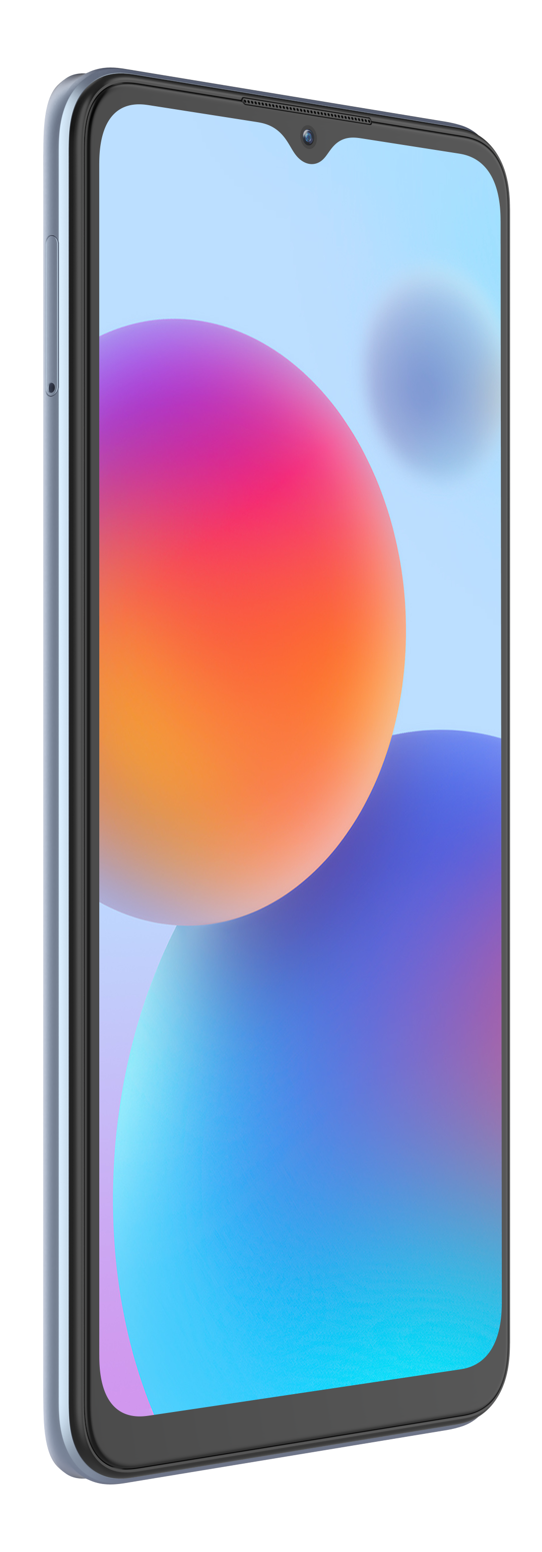 Ein hellblaues Smartphone im Winkel, mit bunten Farbverlaufsformen auf dem Bildschirm.