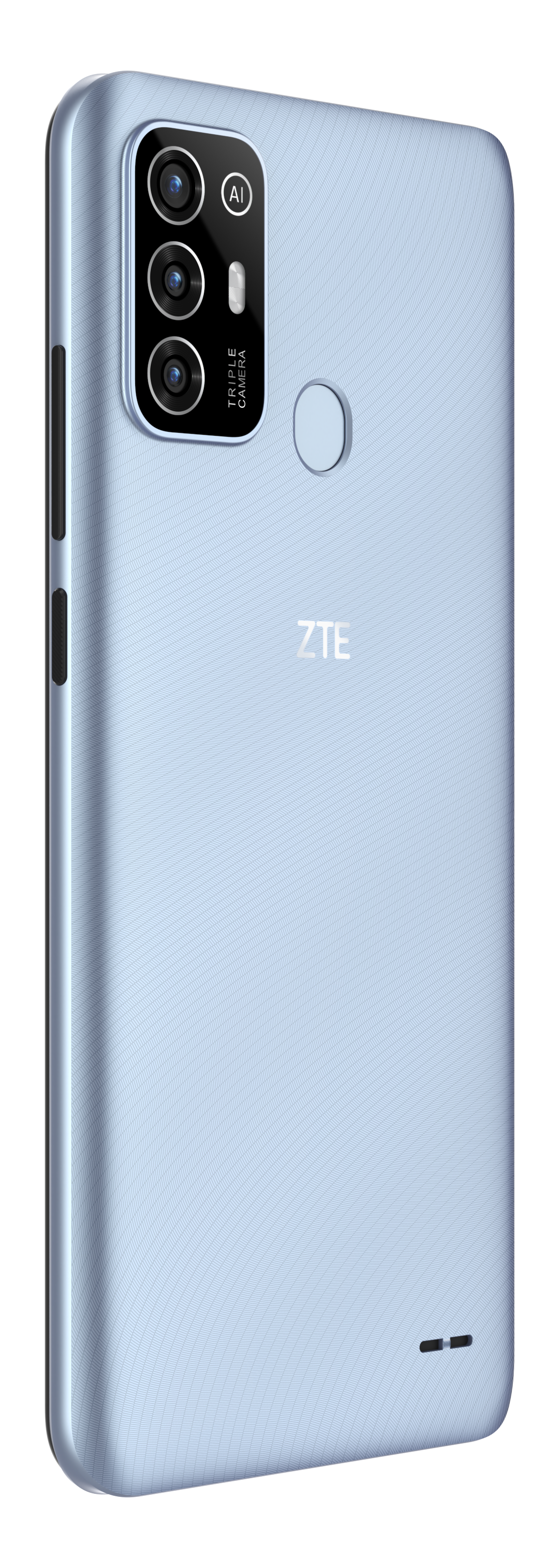 Hellblaues ZTE-Telefon, R ückansicht, Dreifachkamera und ZTE-Logo.