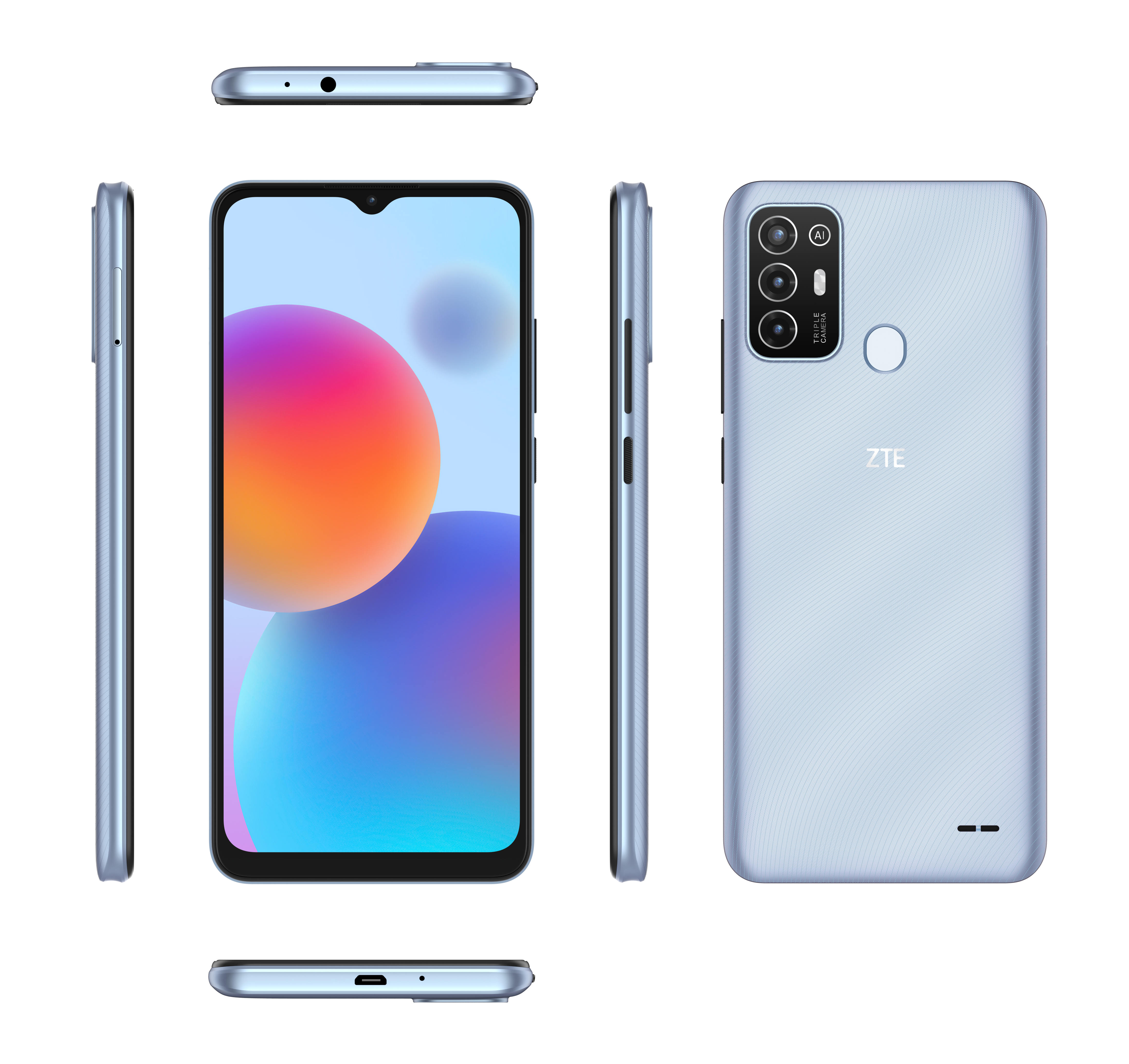 ZTE-Telefon. Das Telefon ist hellblau. Es hat einen Bildschirm und eine Kamera auf der Rückseite.