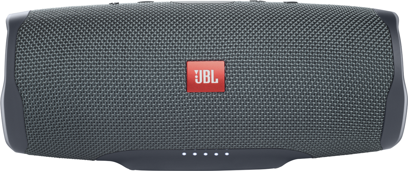 Szürke JBL Charge 4 hangszóró piros JBL logóval. Öt fehér lámpa van alul.
