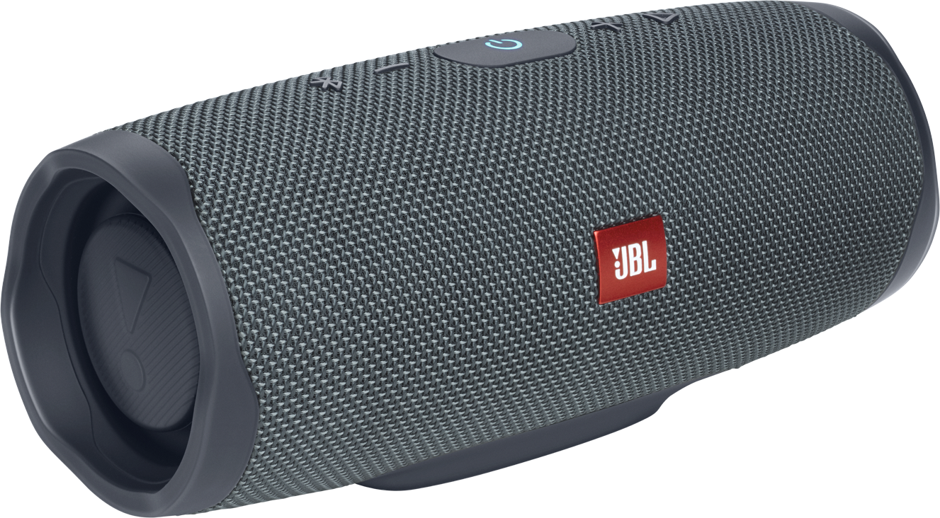 Egy kék és szürke JBL hangszóró. Piros JBL logóval és vezérlőgombokkal rendelkezik.