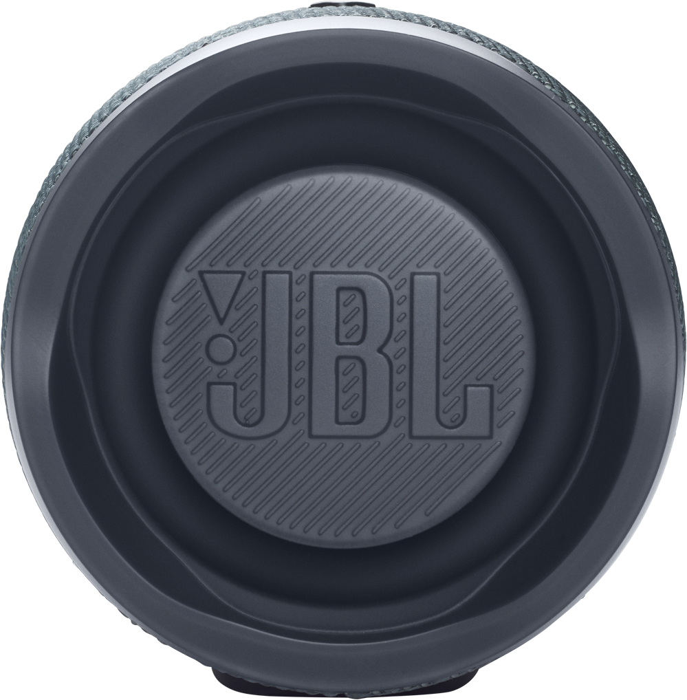 JBL hangszóró. A hangszóró sötétszürke, középen egy szürke JBL logóval.