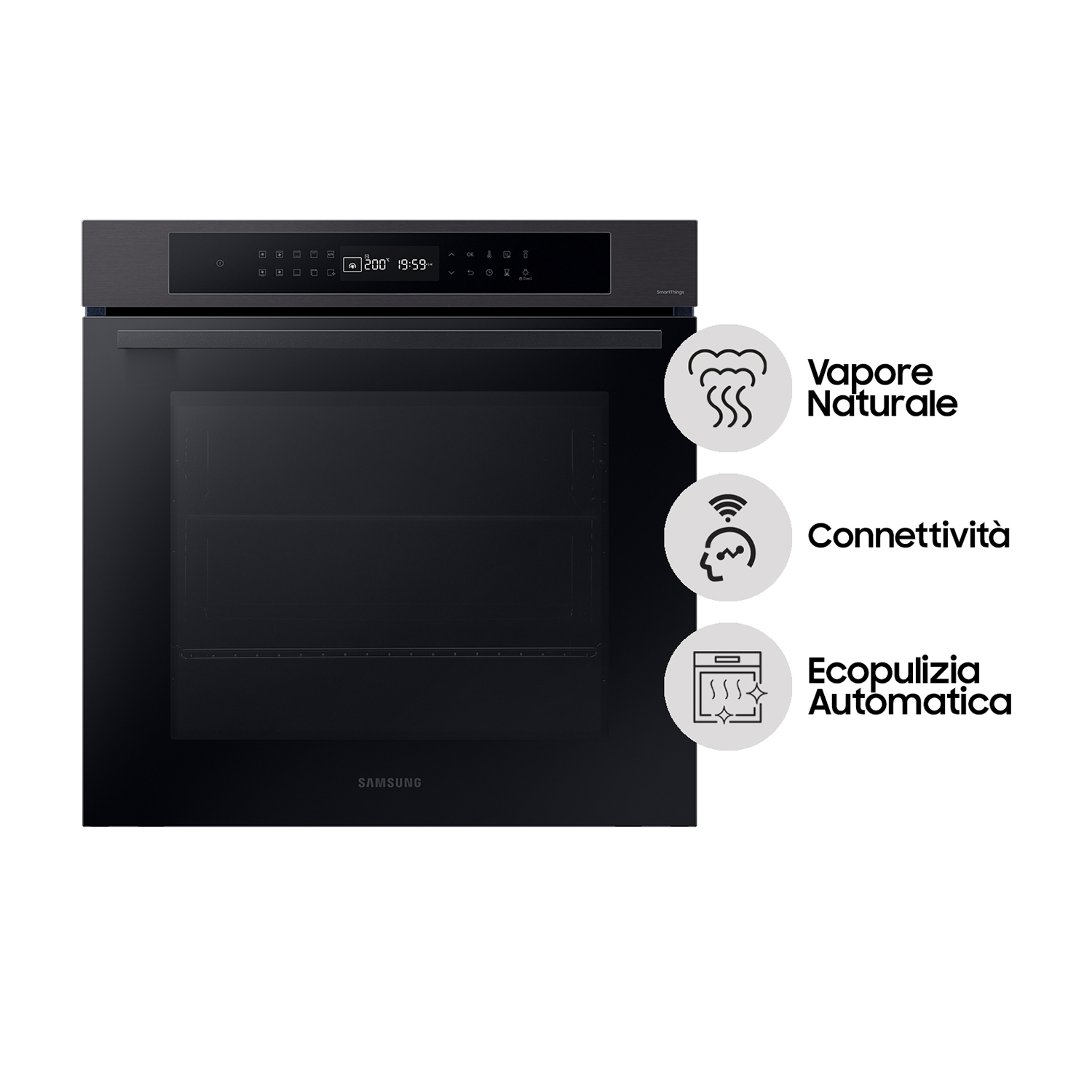 Forno Samsung nero con comandi touch e sfondo bianco, e testo in italiano.