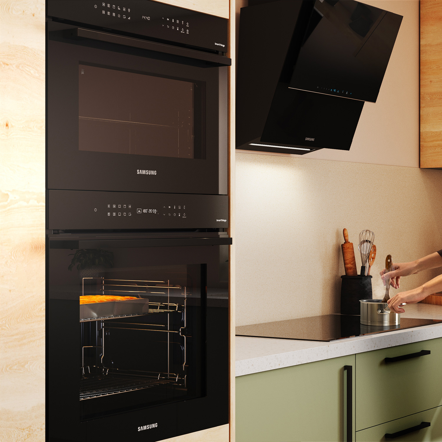 Forno e cappa Samsung neri ad incasso in cucina.
