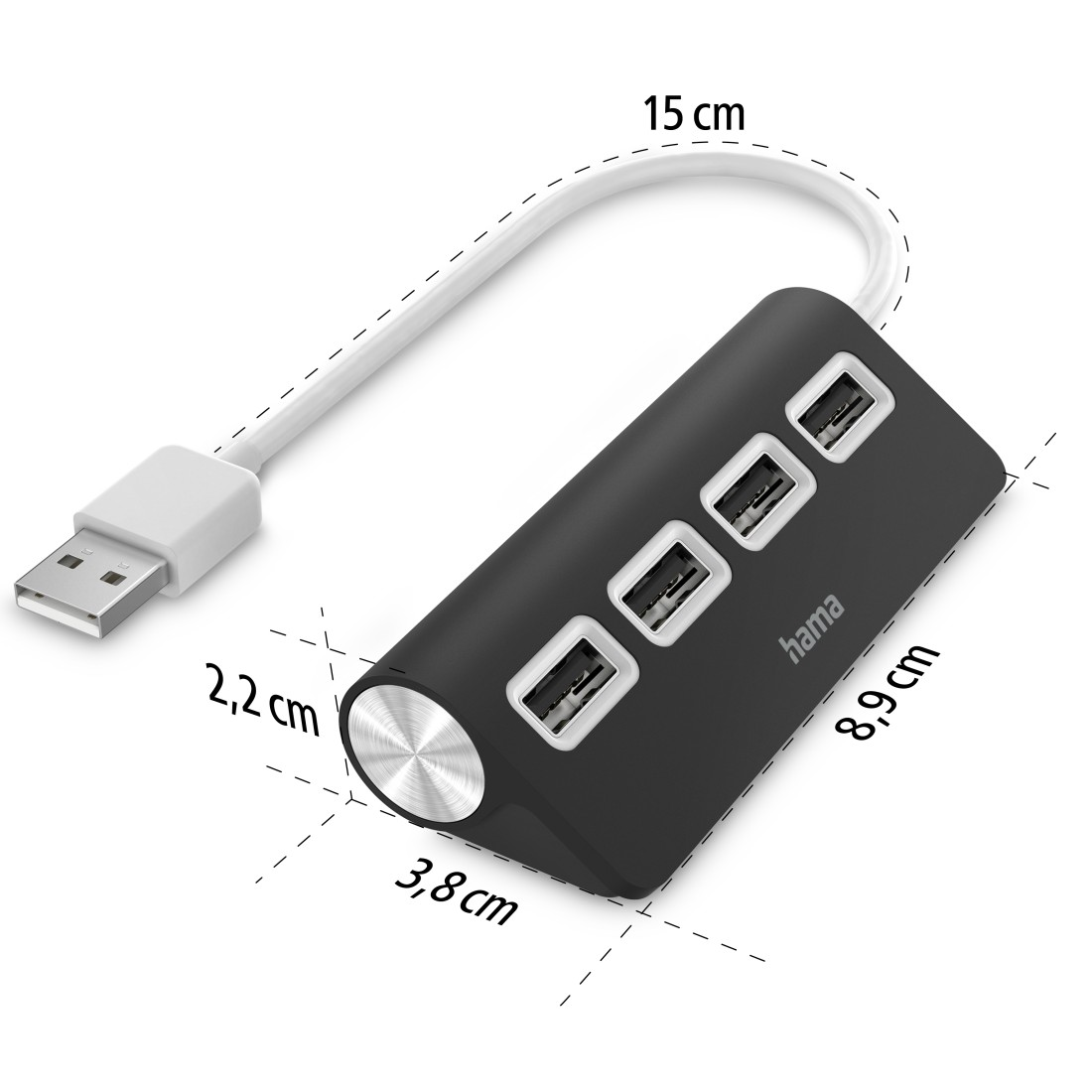 Concentrador USB negro con cuatro puertos, cable blanco y dimensiones en cm.