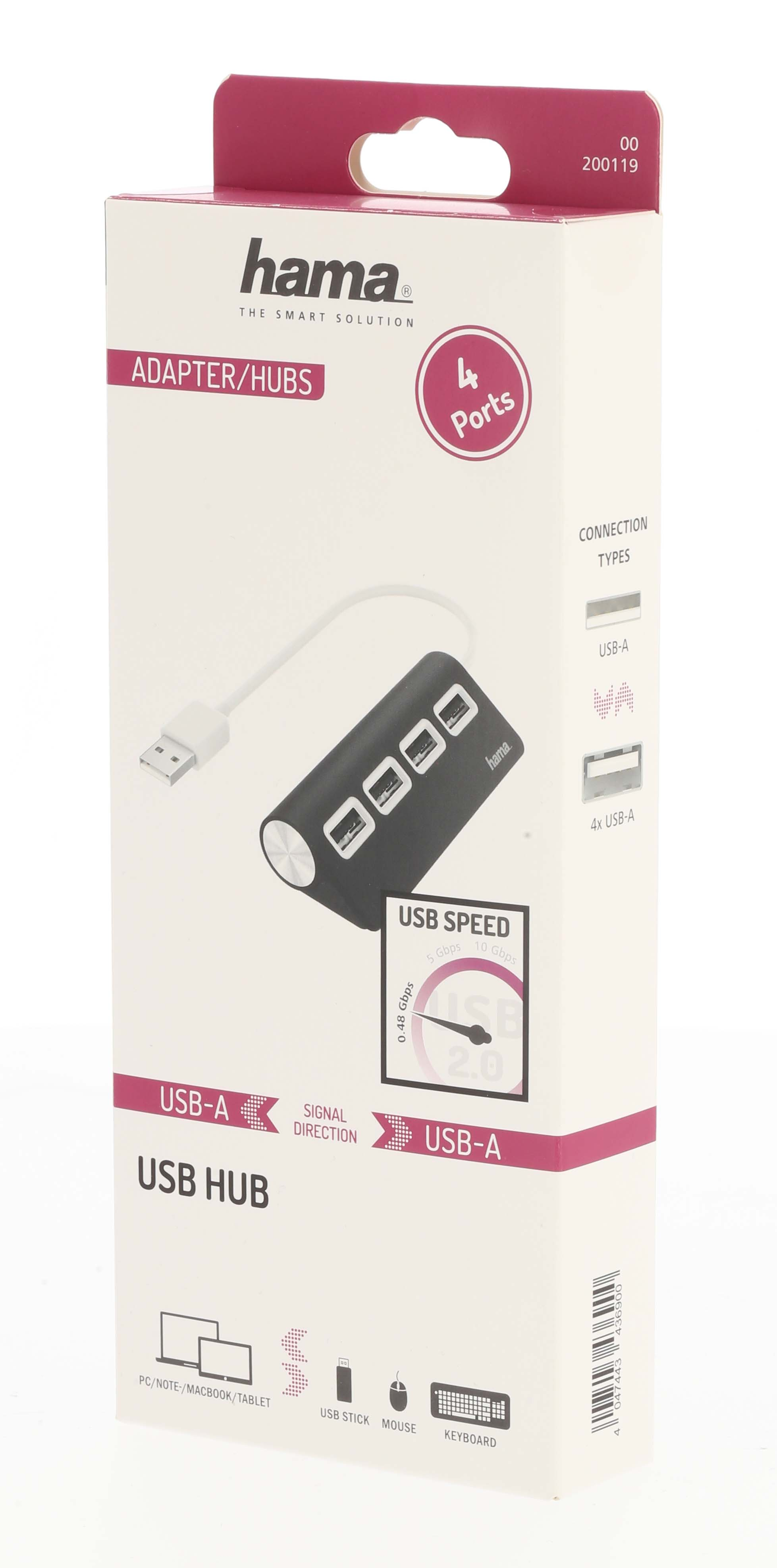 Concentrador USB en una caja, mostrando puertos y tipos de conexión.