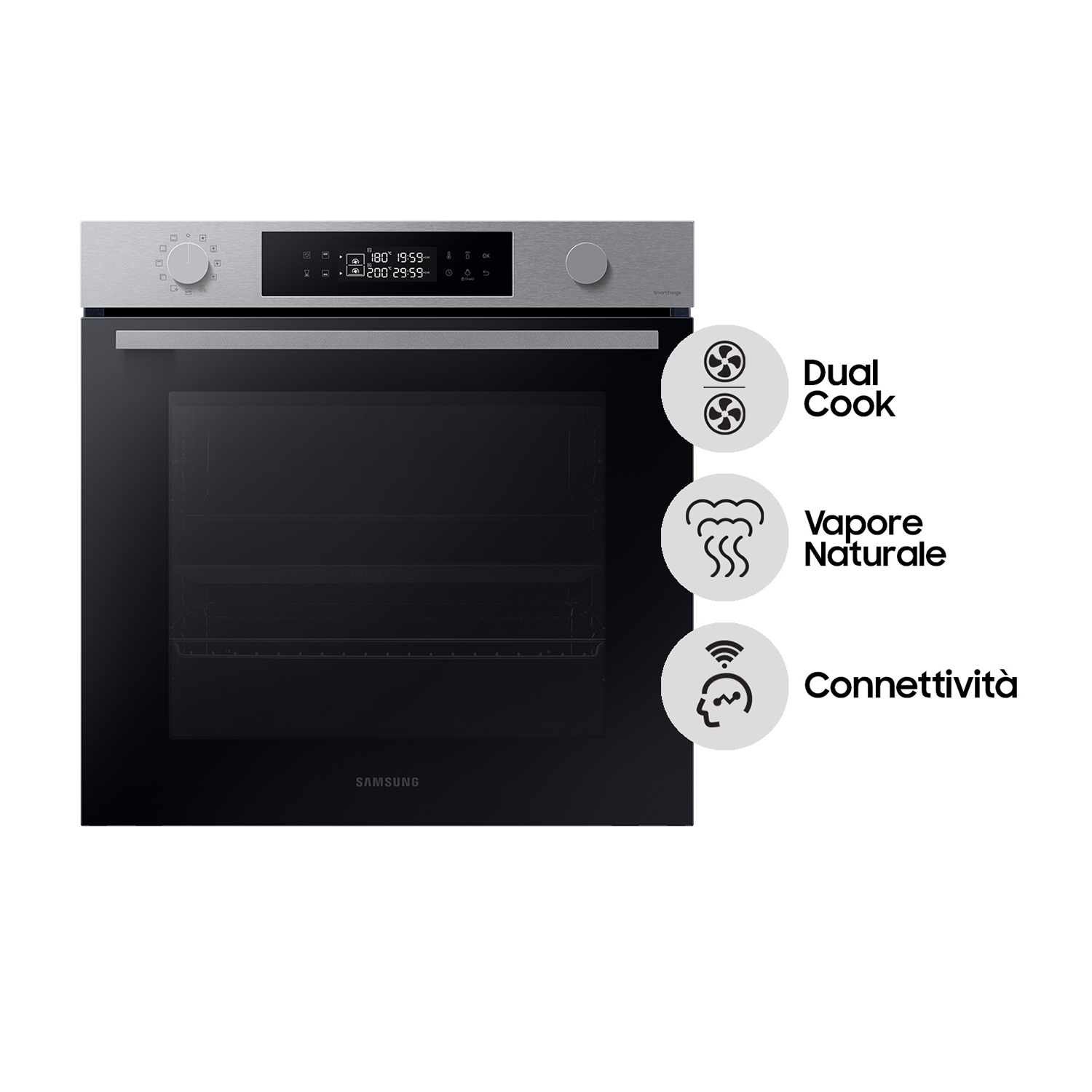 Forno Samsung. Il forno è nero con finiture argentate. Testo e icone sono sul lato destro.