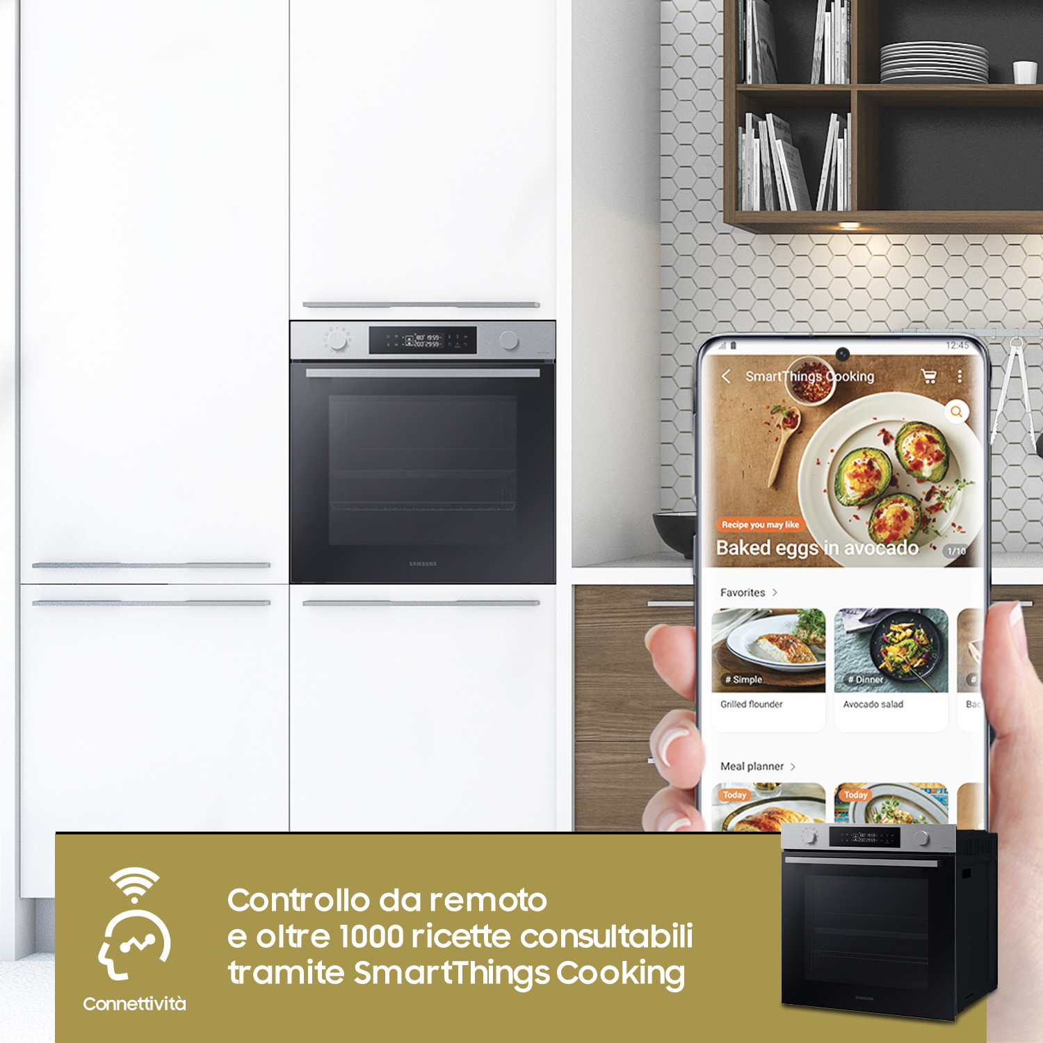 Una cucina moderna con uno smartphone che mostra una ricetta di uova al forno e un forno Samsung integrato.