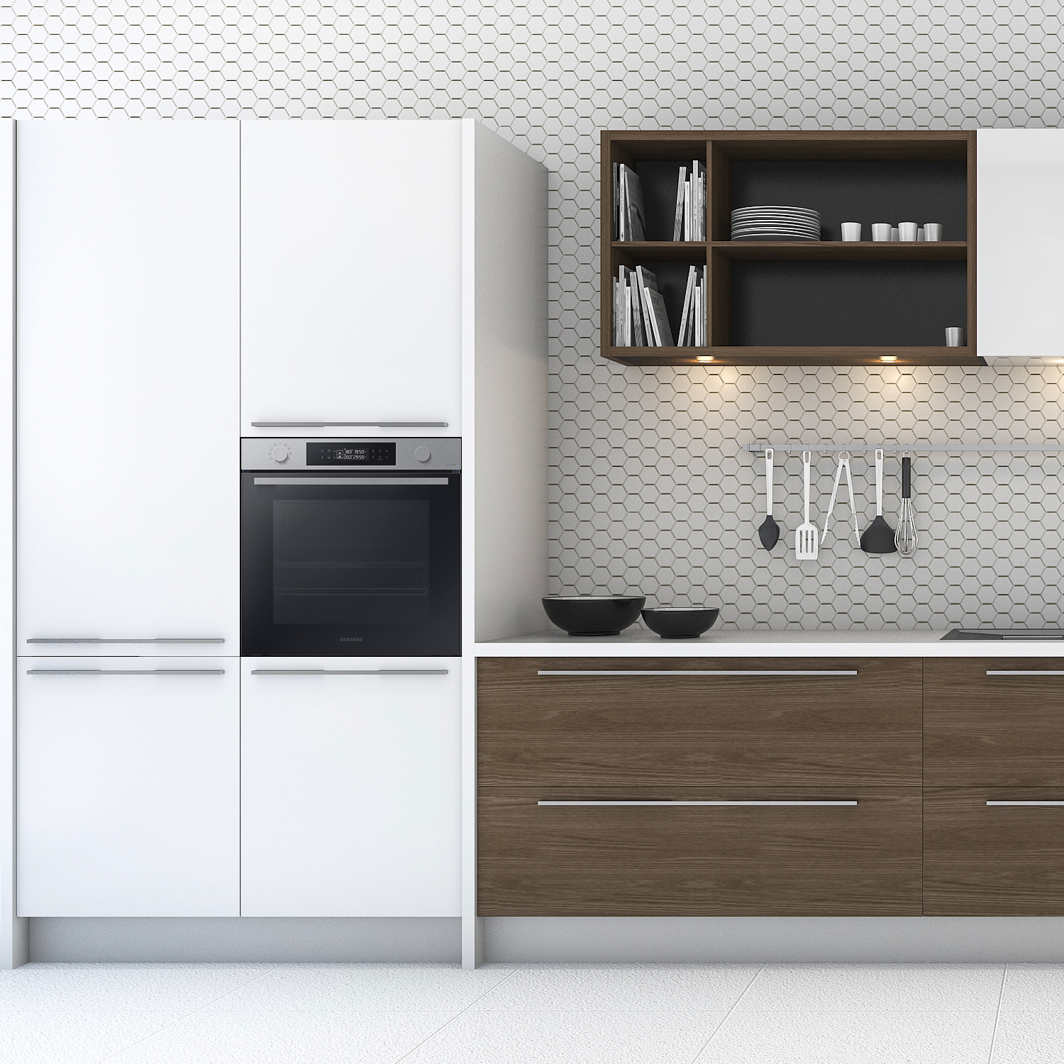 Interni cucina moderna con mobili bianchi e marroni. Forno e scaffalature visibili.