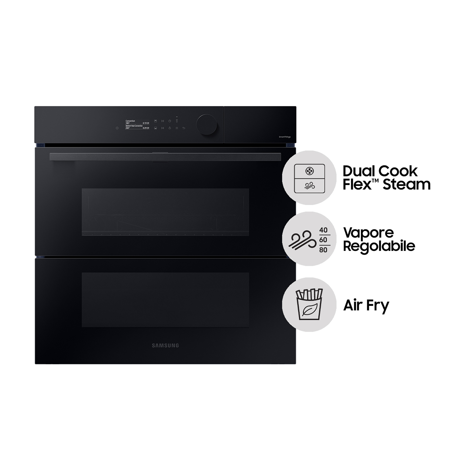 Un forno nero con Dual Cook Flex, vapore, vapore regolabile e icone Air Fry.