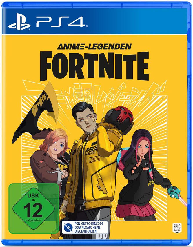 Fortnite-Spielcover mit Charakterillustrationen und gelbem Hintergrund.