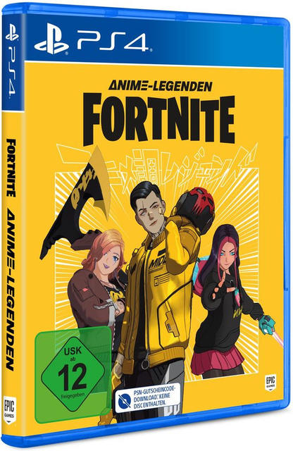 Spielbox mit Anime-Charakteren, Titel 'FORTNITE' und einer USK 12-Bewertung.