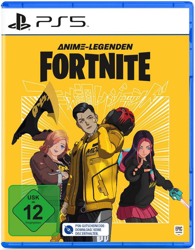 Fortnite-Spielbox für PS5, mit Charakteren in bunten Outfits.