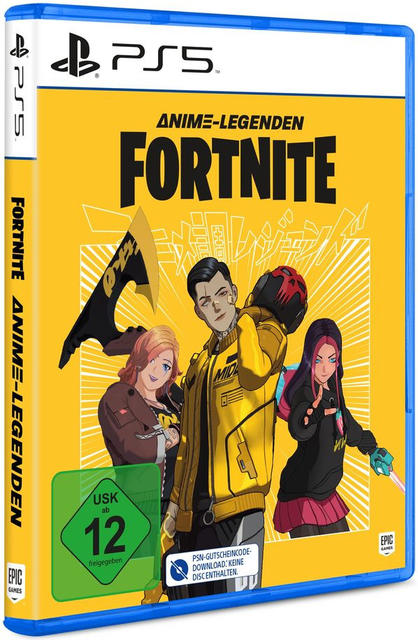 Fortnite-Spielhülle für PS5. Gelbes Cover mit Anime-Charakteren. Text: Fortnite Anime-Legends.